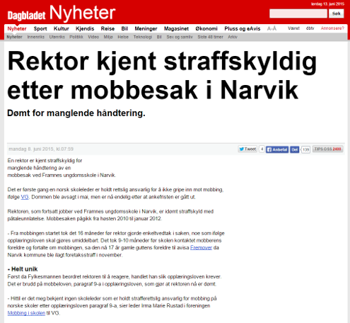 Dagladet: - Rektor kjent straffskyldig etter mobbesak i Narvik